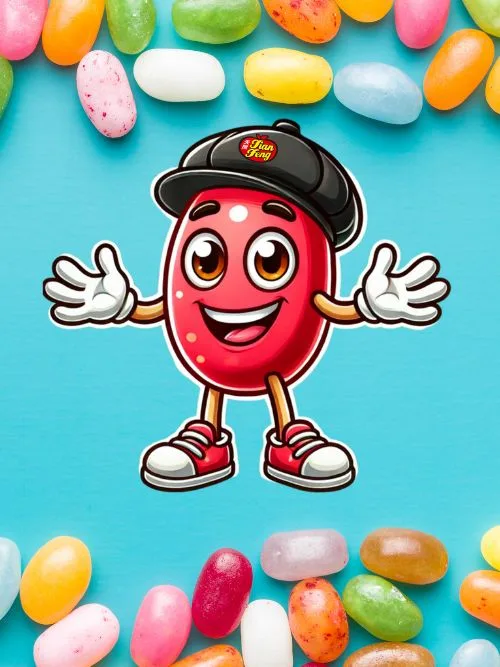 jelly beans candy display on the top and bottom with a vibrate tianfengsweets jelly bean cartoon in the middle