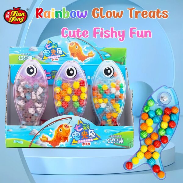 Colorful fish-shaped candy toy packages displayed with vibrant text and playful fish illustration, jelly beans inside