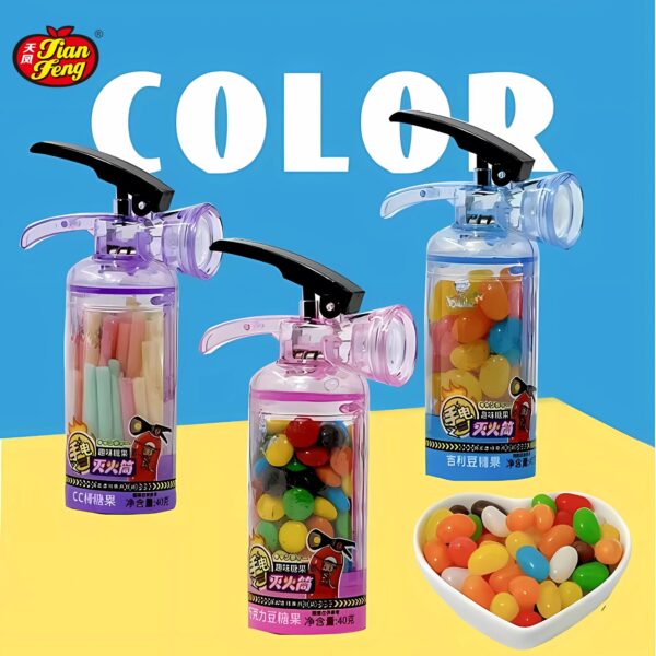 Three colorful candy dispensers shaped like Fire extinguisher are displayed. Each dispenser contains vibrant, multicolored jelly beans. A bowl filled with similar jelly beans is placed nearby.