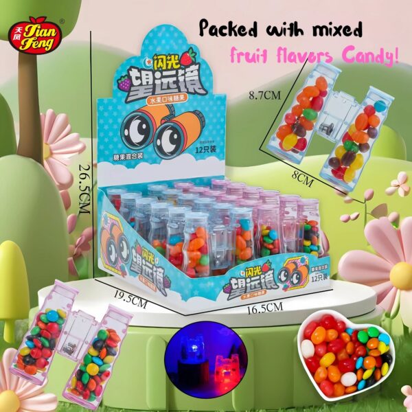 Colorful fruit-flavored jelly beans candy packs in a Bino candy toy display stand, surrounded by playful, cartoon-like scenery.